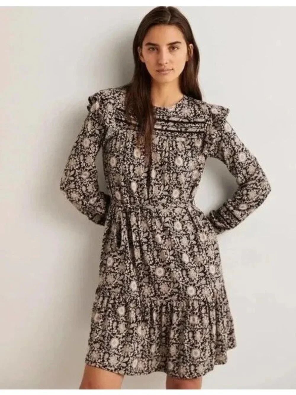 Boden Womens Dress UK 18L US 14L Black Floral Ruffle Long Sleeve D0314 NWT